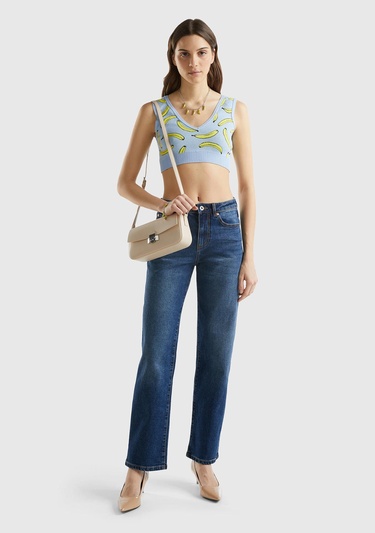  Kadın Açık Mavi Pamuk Karışımlı Tamamı 3D Muz Desenli V Yaka Triko Büstiyer