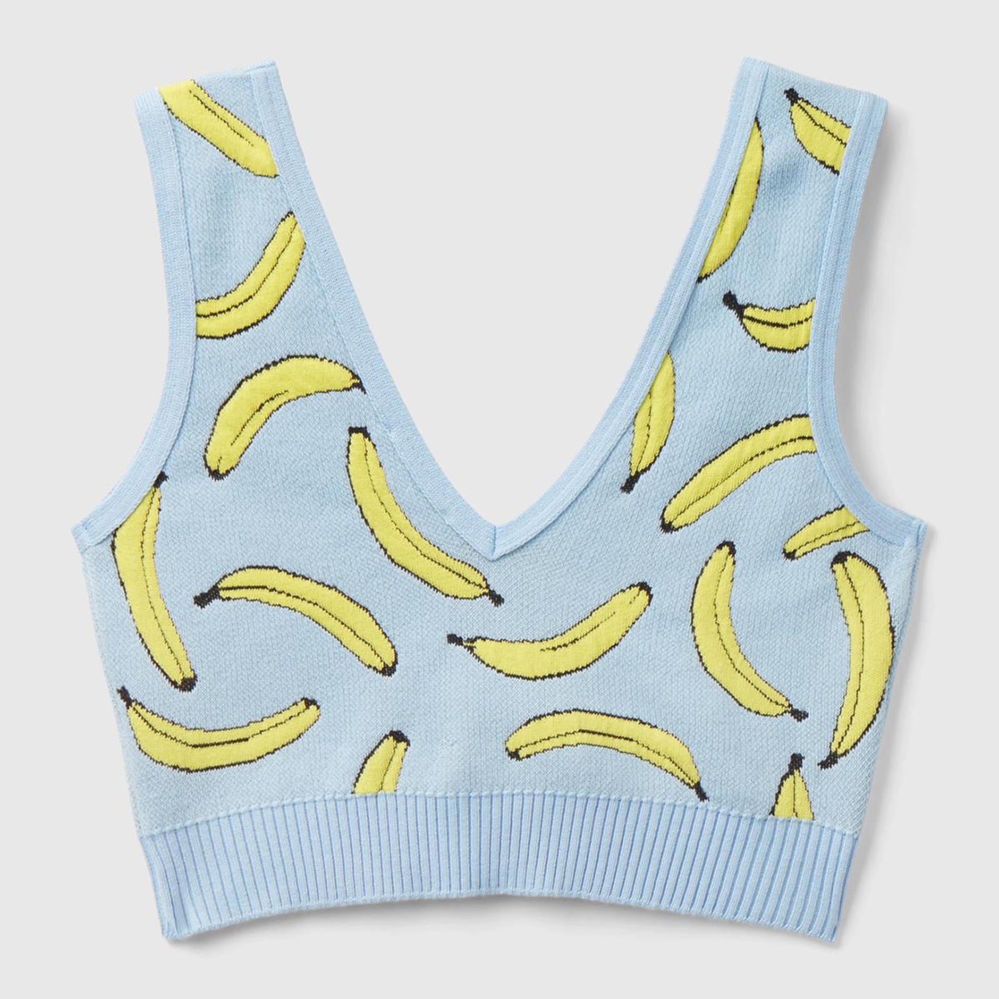 Kadın Açık Mavi Pamuk Karışımlı Tamamı 3D Muz Desenli V Yaka Triko Büstiyer