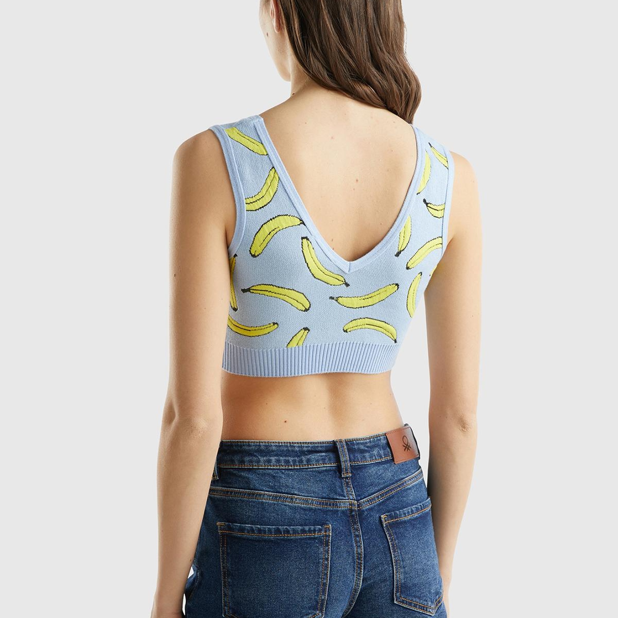 Kadın Açık Mavi Pamuk Karışımlı Tamamı 3D Muz Desenli V Yaka Triko Büstiyer