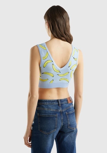  Kadın Açık Mavi Pamuk Karışımlı Tamamı 3D Muz Desenli V Yaka Triko Büstiyer