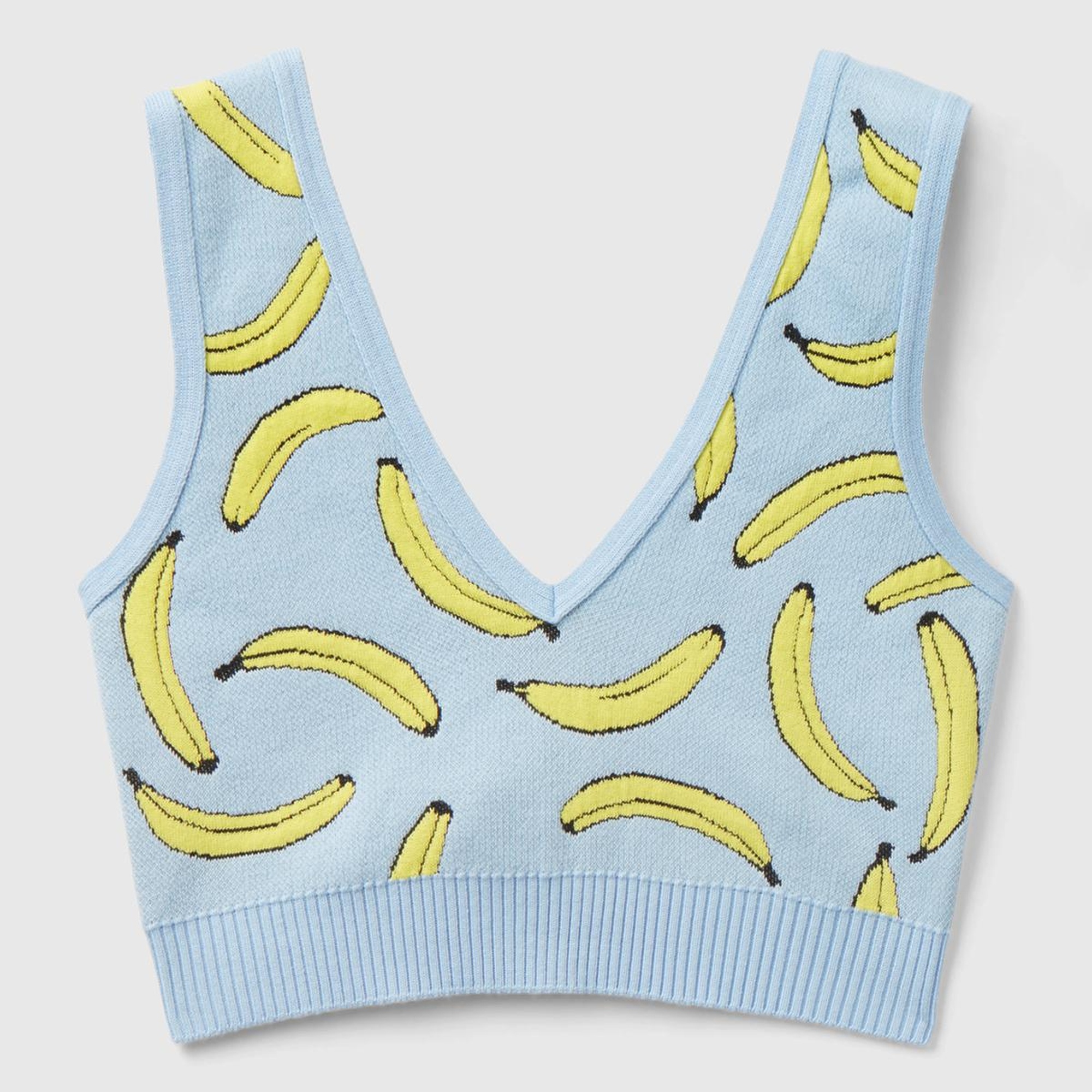 Kadın Açık Mavi Pamuk Karışımlı Tamamı 3D Muz Desenli V Yaka Triko Büstiyer