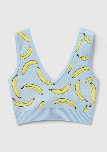  Kadın Açık Mavi Pamuk Karışımlı Tamamı 3D Muz Desenli V Yaka Triko Büstiyer
