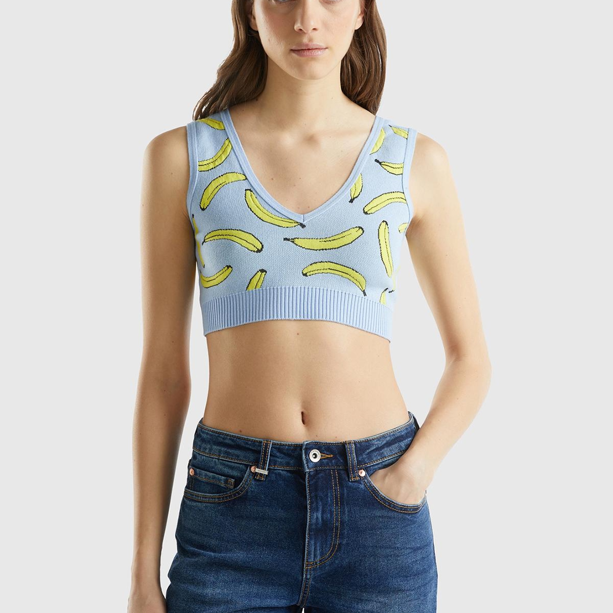 Kadın Açık Mavi Pamuk Karışımlı Tamamı 3D Muz Desenli V Yaka Triko Büstiyer