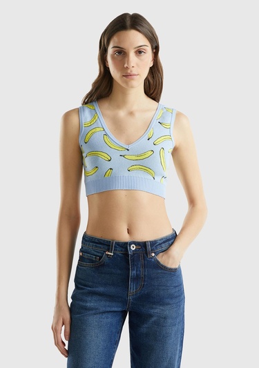  Kadın Açık Mavi Pamuk Karışımlı Tamamı 3D Muz Desenli V Yaka Triko Büstiyer