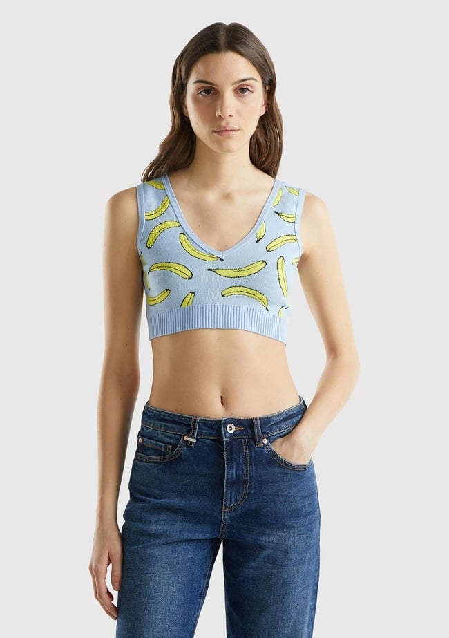  Kadın Açık Mavi Pamuk Karışımlı Tamamı 3D Muz Desenli V Yaka Triko Büstiyer