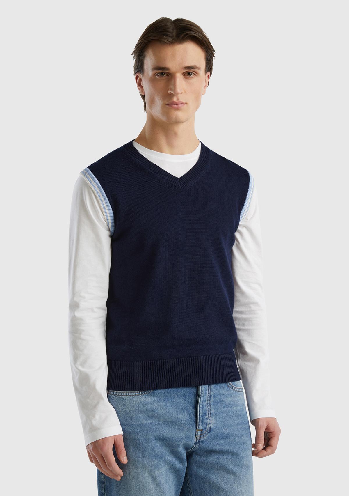  Erkek Koyu Lacivert %100 Pamuk V Yaka Basic Süveter