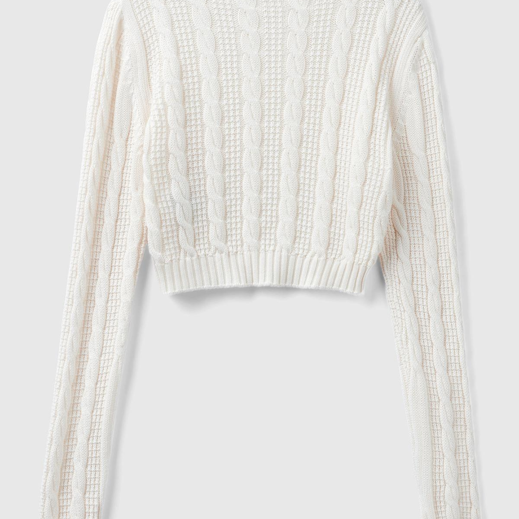 Kadın Krem %100 Pamuk Örgü Motifli Bisiklet Yaka Crop Kazak