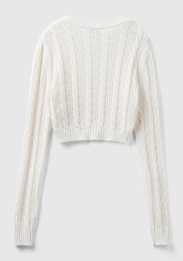  Kadın Krem %100 Pamuk Örgü Motifli Bisiklet Yaka Crop Kazak