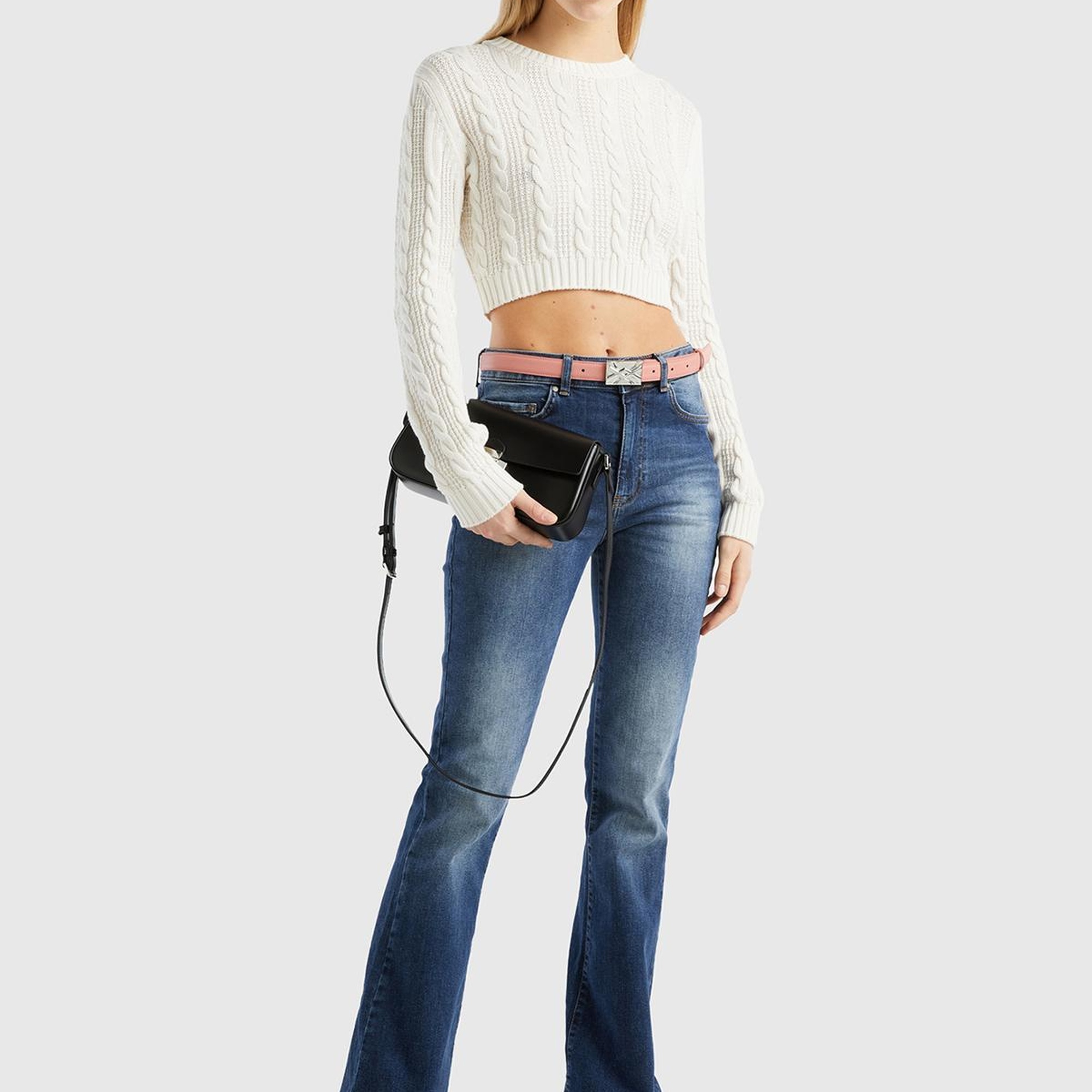 Kadın Krem %100 Pamuk Örgü Motifli Bisiklet Yaka Crop Kazak