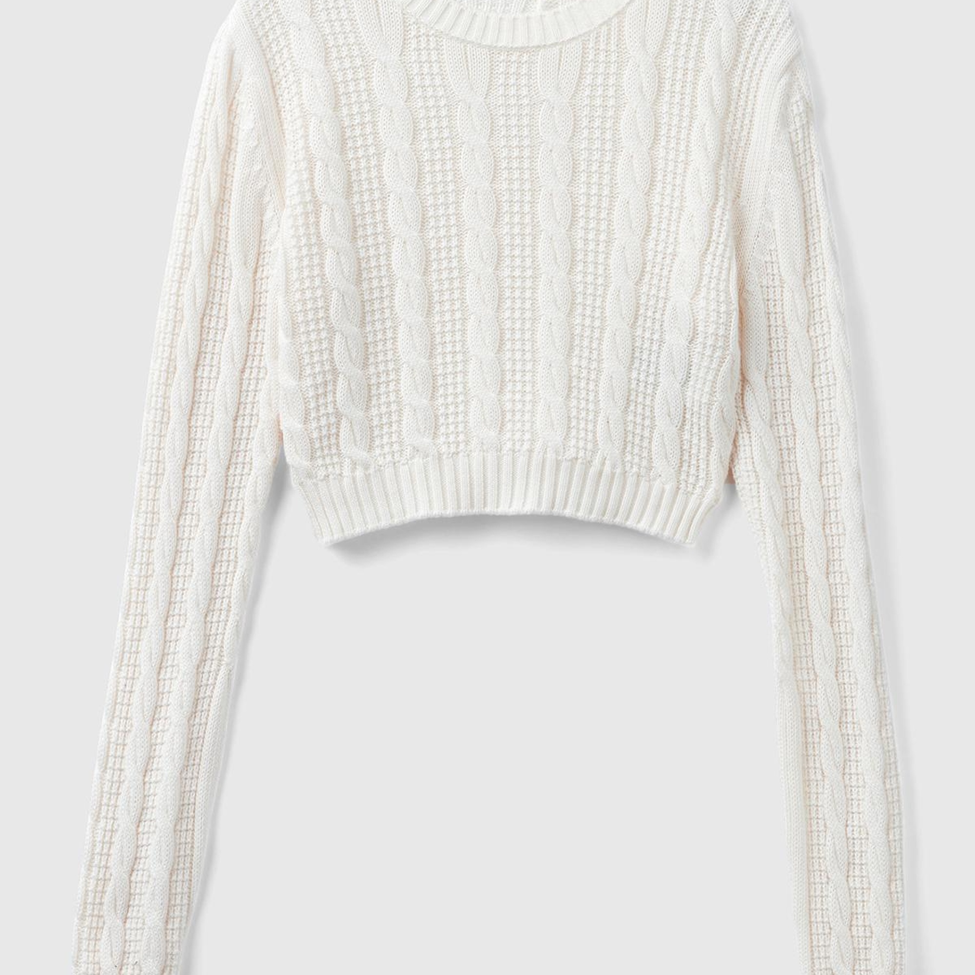 Kadın Krem %100 Pamuk Örgü Motifli Bisiklet Yaka Crop Kazak