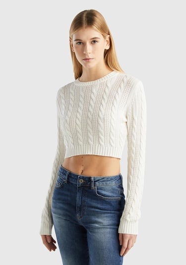  Kadın Krem %100 Pamuk Örgü Motifli Bisiklet Yaka Crop Kazak