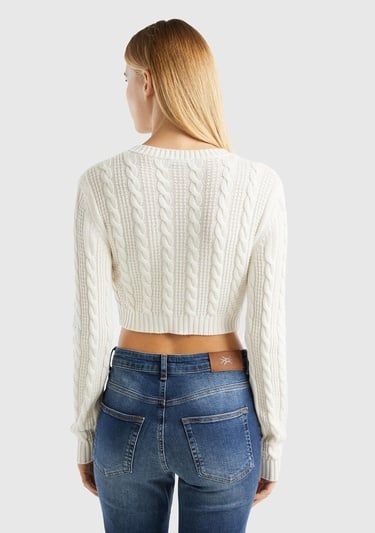  Kadın Krem %100 Pamuk Örgü Motifli Bisiklet Yaka Crop Kazak