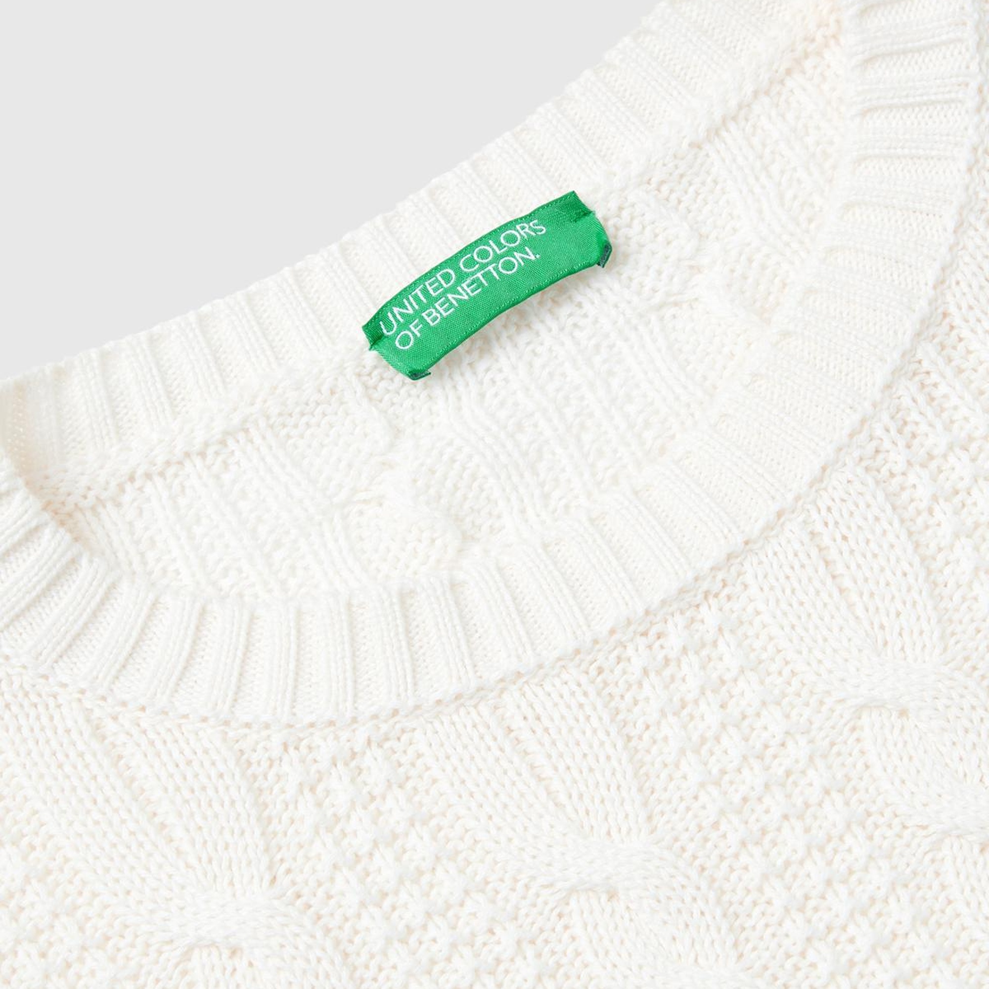 Kadın Krem %100 Pamuk Örgü Motifli Bisiklet Yaka Crop Kazak