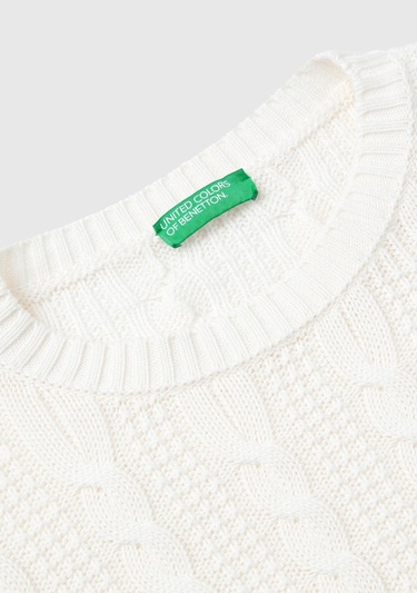  Kadın Krem %100 Pamuk Örgü Motifli Bisiklet Yaka Crop Kazak