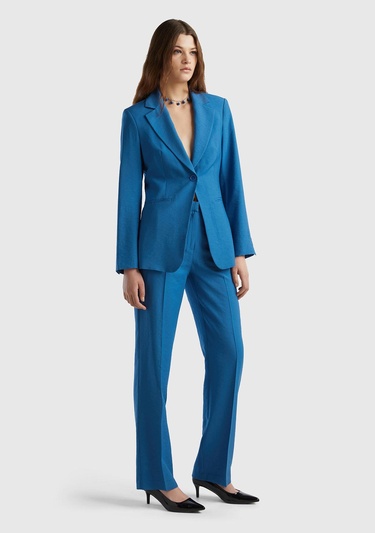  Kadın Koyu Mavi Viskoz Karışımlı Slim Fit Blazer Ceket