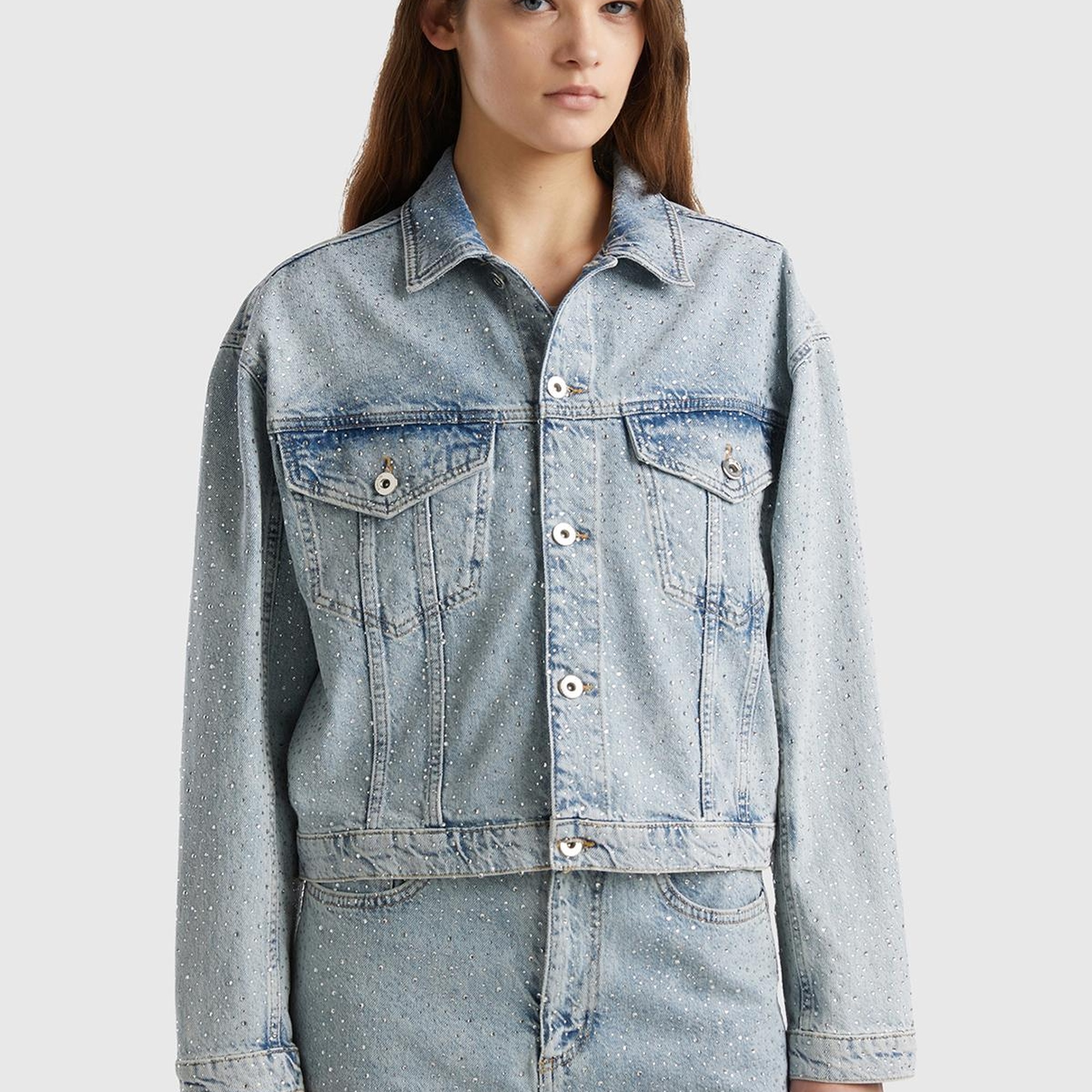 Kadın Açık Mavi %100 Pamuk Tamamı Baskılı Denim Kısa Ceket