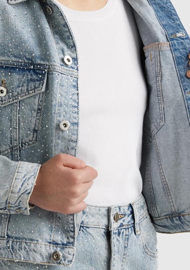  Kadın Açık Mavi %100 Pamuk Tamamı Baskılı Denim Kısa Ceket