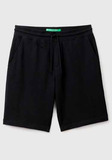  Erkek Siyah %100 Pamuk Logo Detaylı Beli Lastikli Bermuda Şort