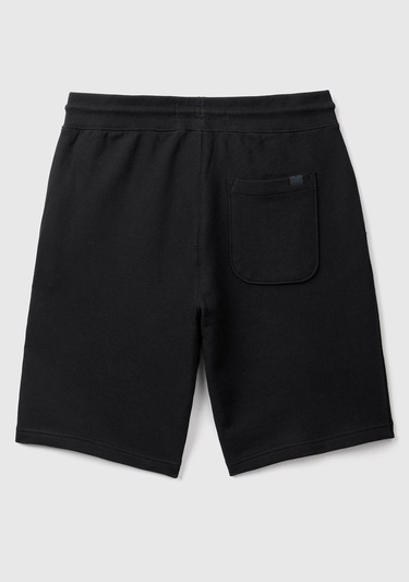  Erkek Siyah %100 Pamuk Logo Detaylı Beli Lastikli Bermuda Şort
