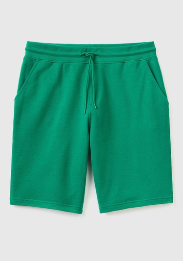  Erkek Koyu Yeşil %100 Pamuk Logo Detaylı Beli Lastikli Bermuda Şort