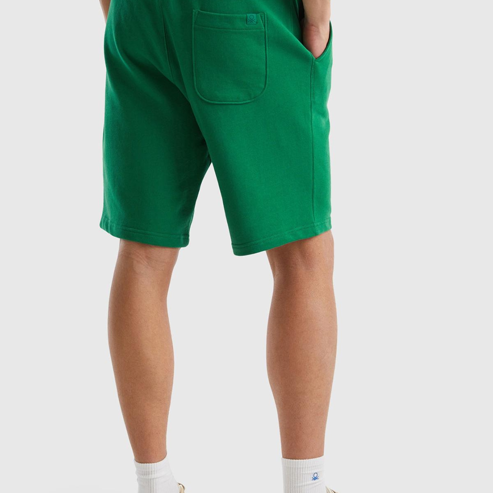 Erkek Koyu Yeşil %100 Pamuk Logo Detaylı Beli Lastikli Bermuda Şort
