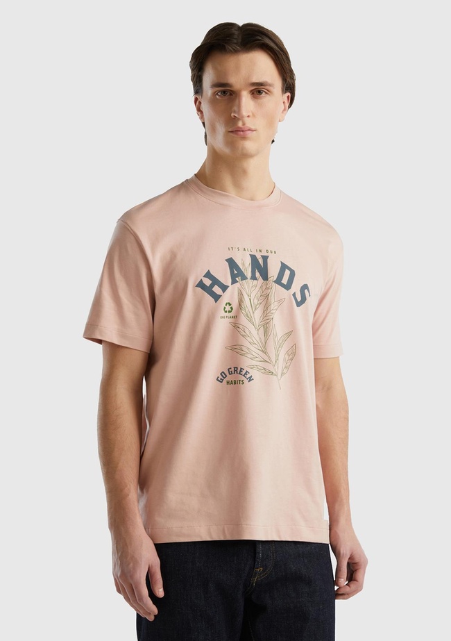  Erkek Pudra %100 Organik Koton Baskılı T-Shirt