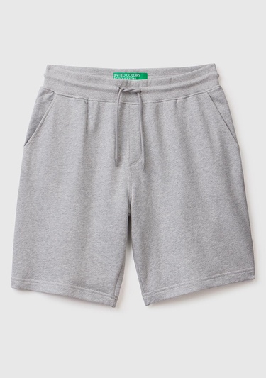  Erkek Gri Melanj %100 Pamuk Logo Detaylı Beli Lastikli Bermuda Şort