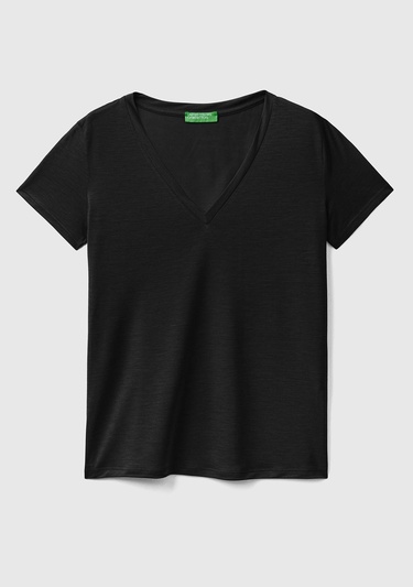  Kadın Siyah %100 Liyosel V Yaka T-Shirt