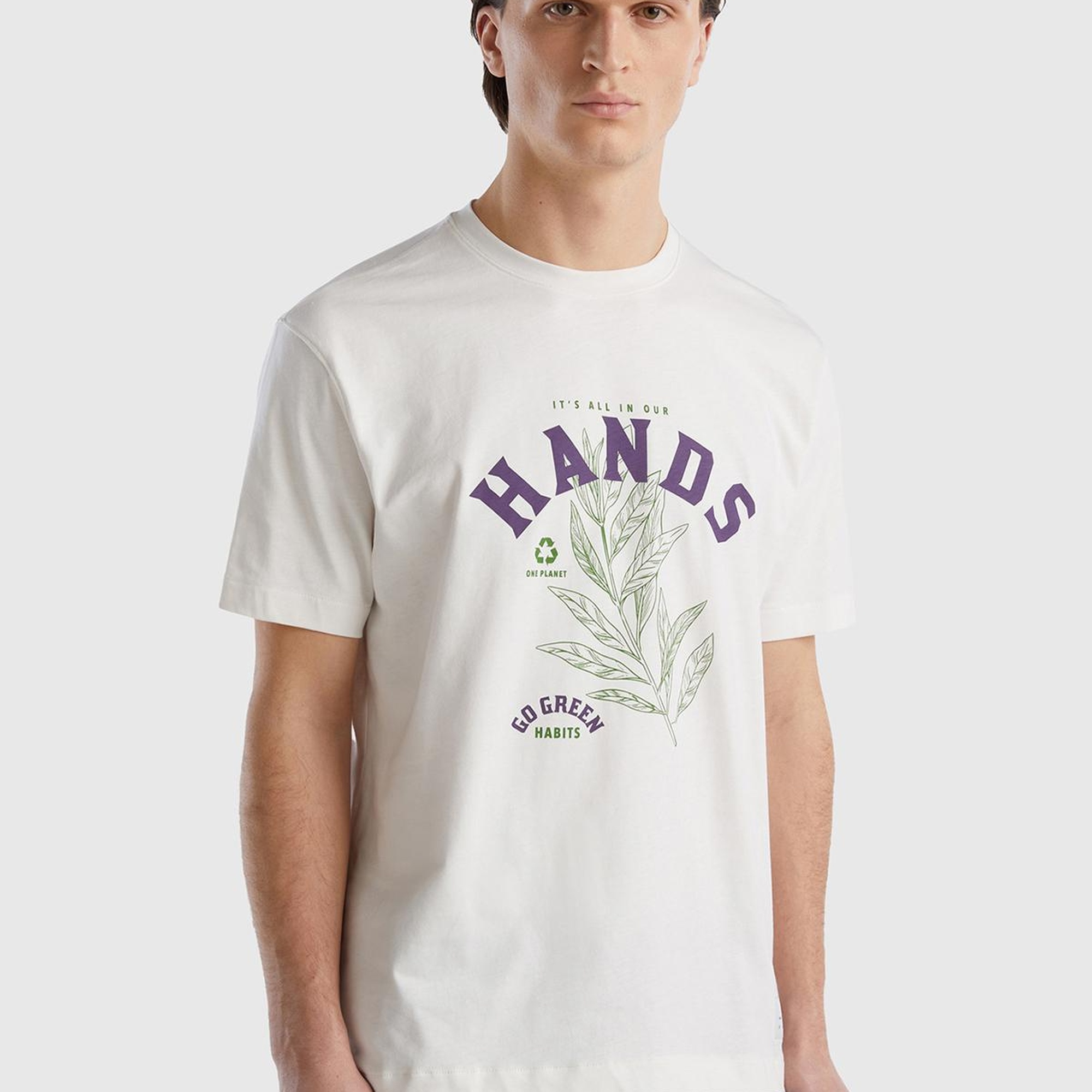 Erkek Beyaz %100 Organik Koton Baskılı T-Shirt