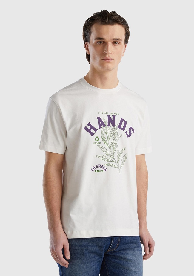  Erkek Beyaz %100 Organik Koton Baskılı T-Shirt