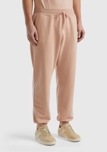  Erkek Pudra Pamuk Karışımlı Beli ve Paçası Büzgülü Eşofman Altı