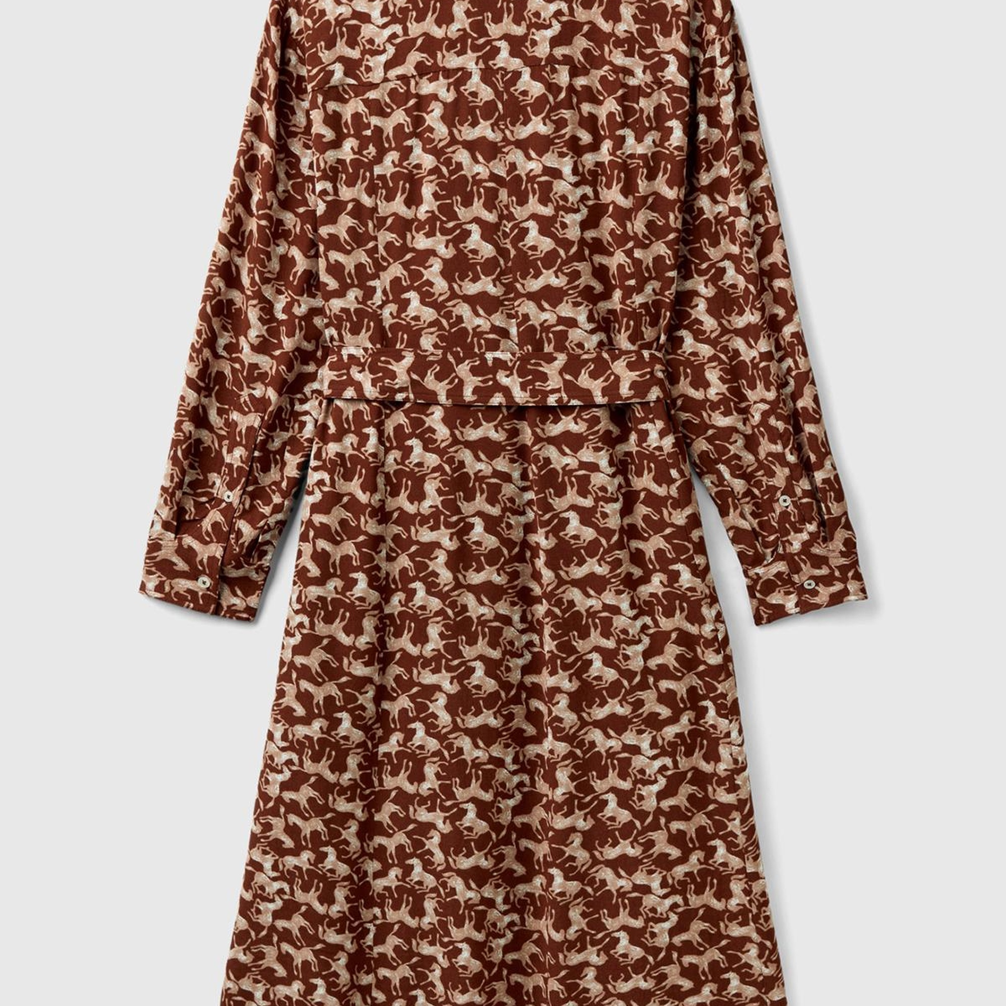 Kadın Kahve Mix %100 Viskoz Desenli ve Beli Kuşaklı Gömlek Yaka Uzun Elbise