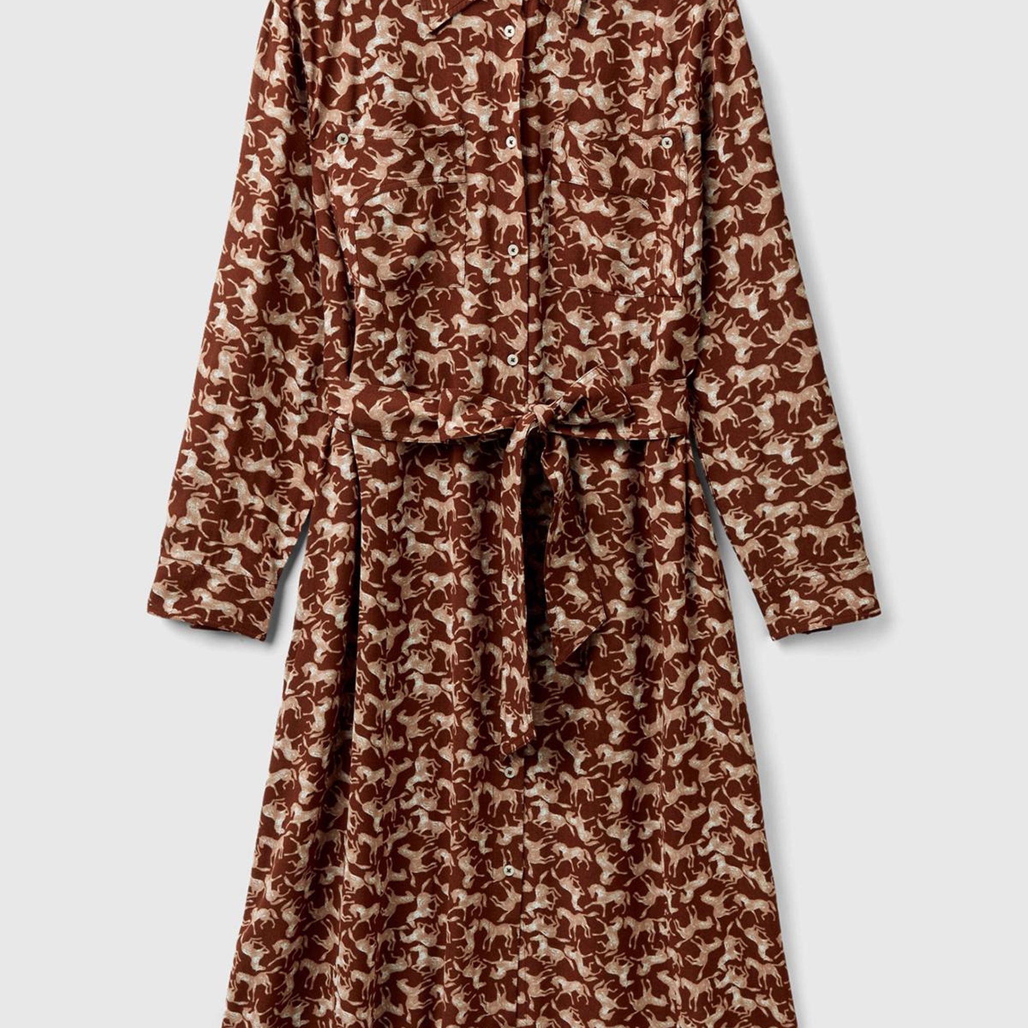 Kadın Kahve Mix %100 Viskoz Desenli ve Beli Kuşaklı Gömlek Yaka Uzun Elbise