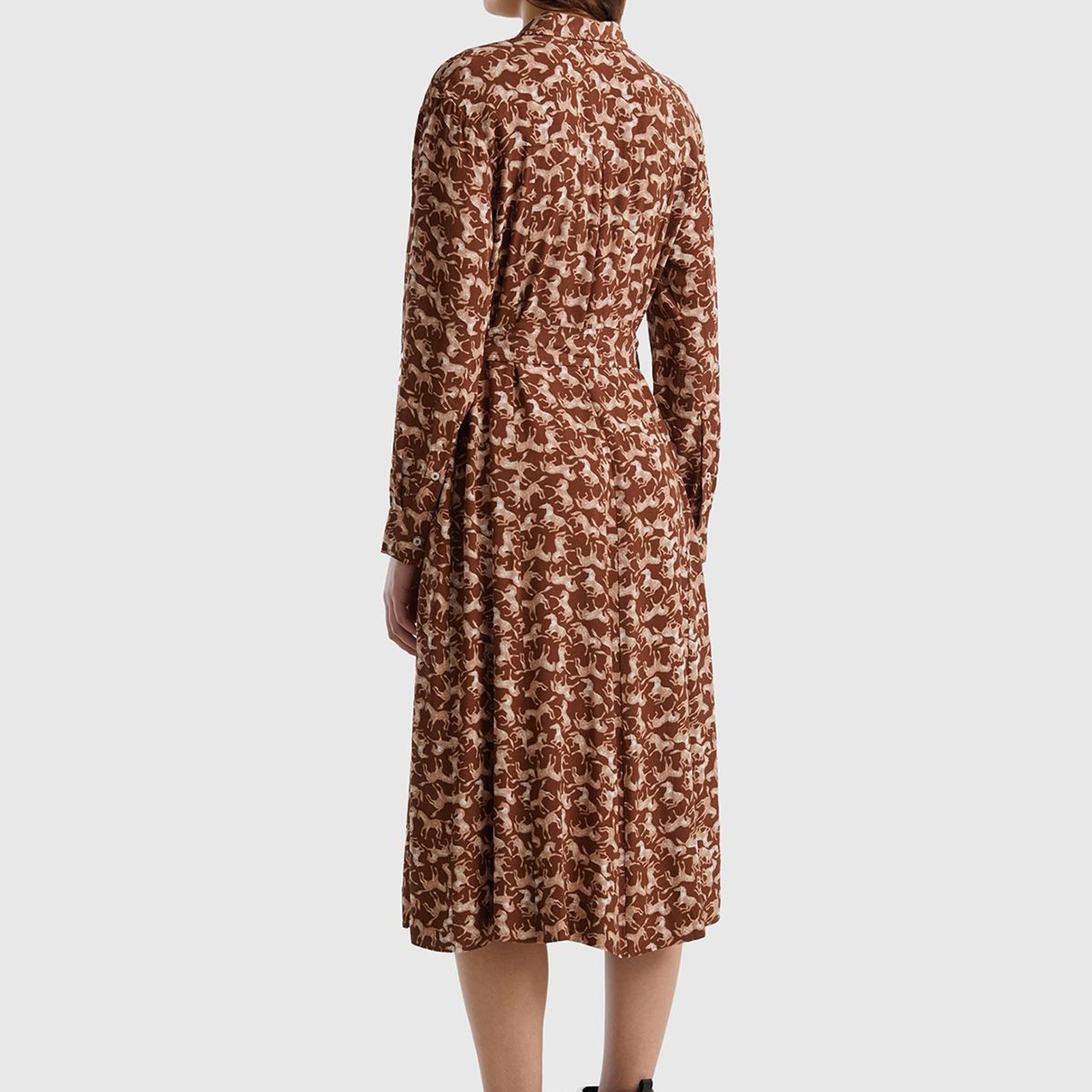 Kadın Kahve Mix %100 Viskoz Desenli ve Beli Kuşaklı Gömlek Yaka Uzun Elbise