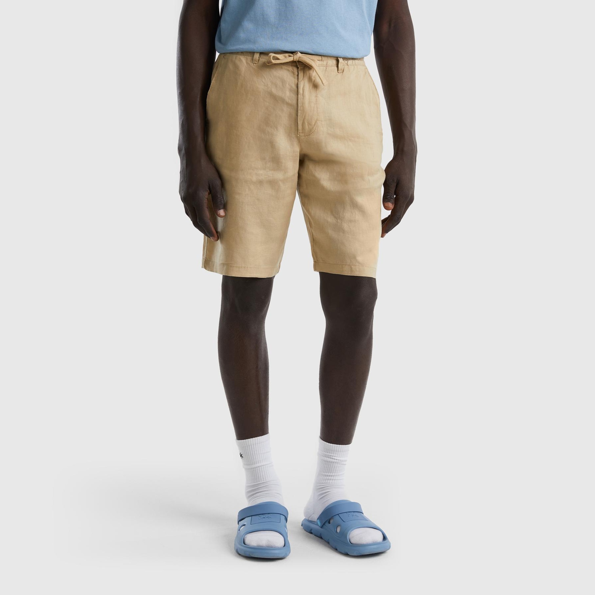 Erkek Bej Bağcıklı Keten Bermuda