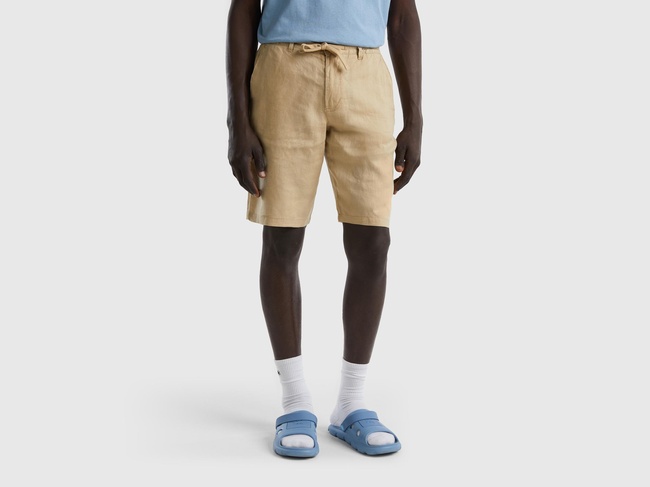  Erkek Bej Bağcıklı Keten Bermuda