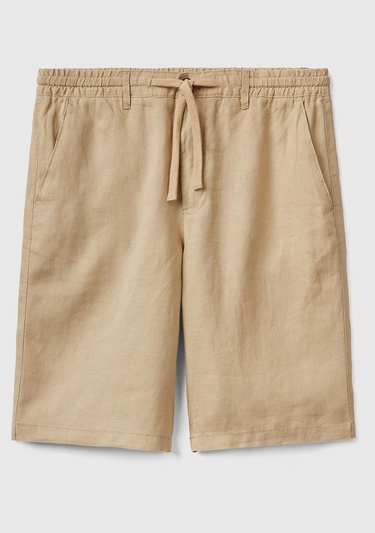  Erkek Bej Bağcıklı Keten Bermuda