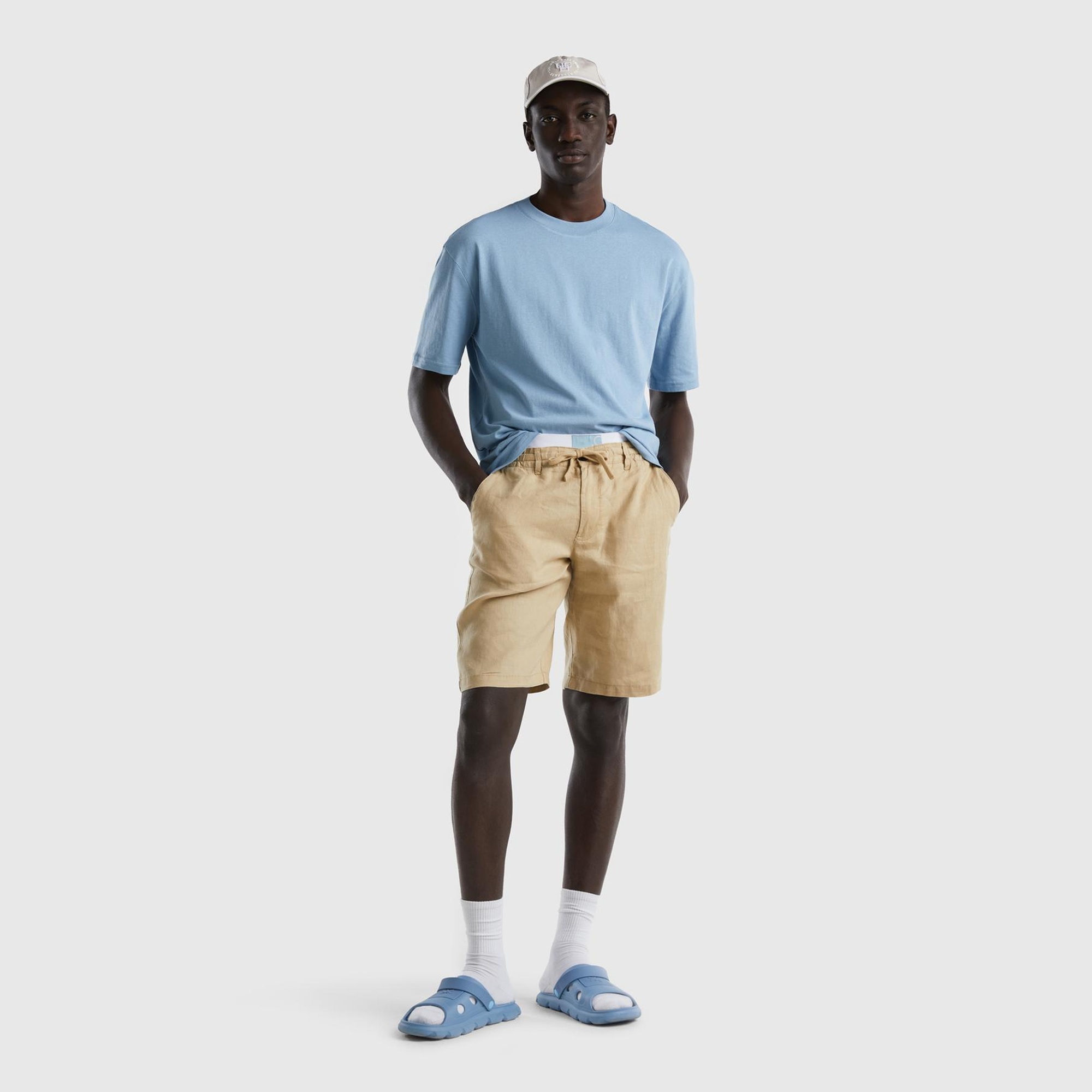 Erkek Bej Bağcıklı Keten Bermuda