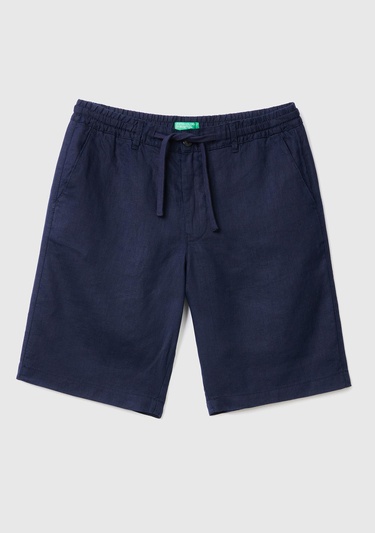  Erkek Koyu Lacivert Bağcıklı Keten Bermuda