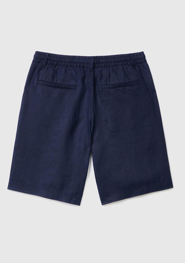  Erkek Koyu Lacivert Bağcıklı Keten Bermuda