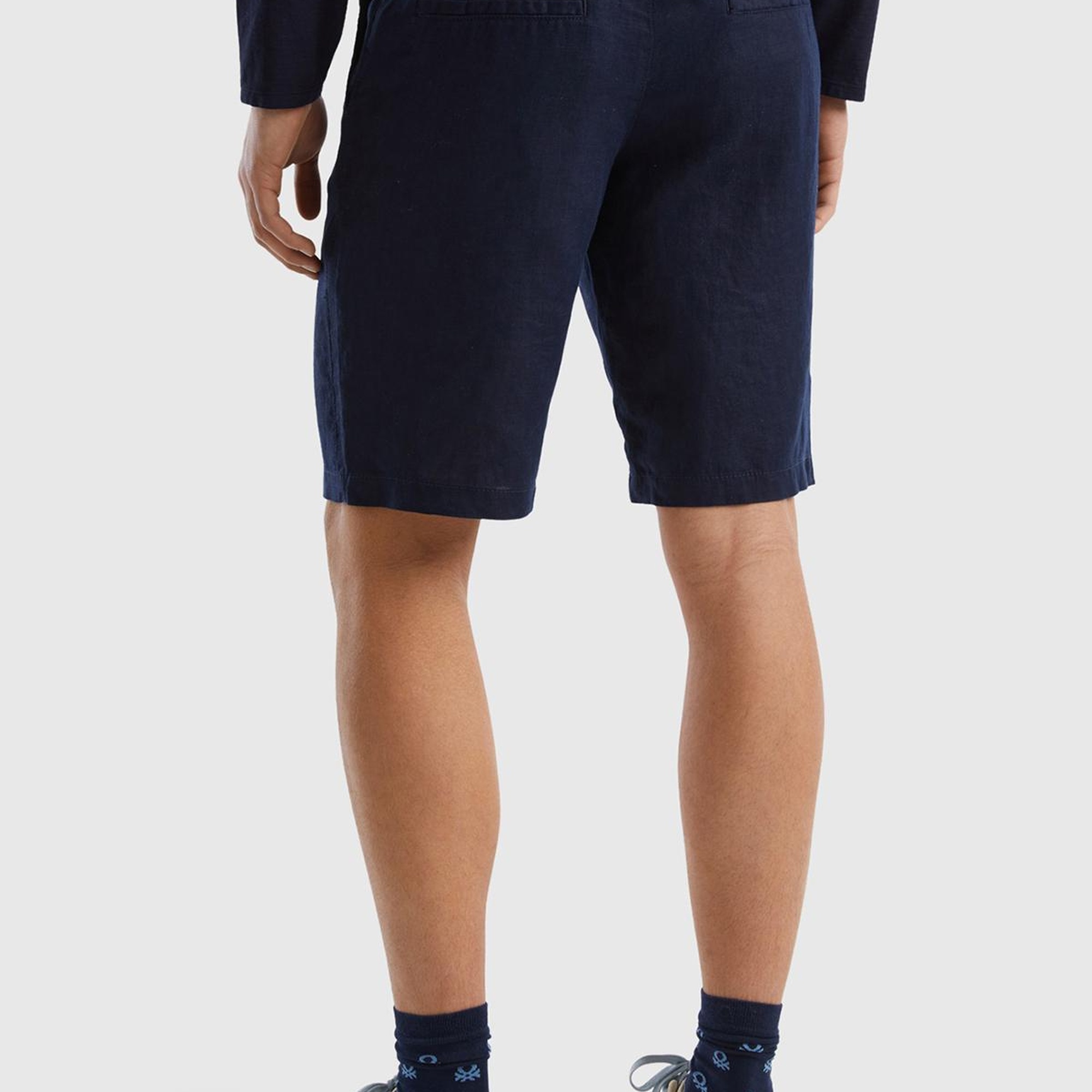 Erkek Koyu Lacivert Bağcıklı Keten Bermuda