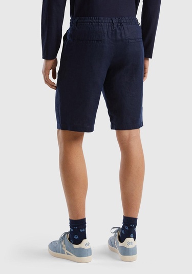  Erkek Koyu Lacivert Bağcıklı Keten Bermuda
