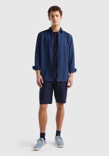  Erkek Koyu Lacivert Bağcıklı Keten Bermuda