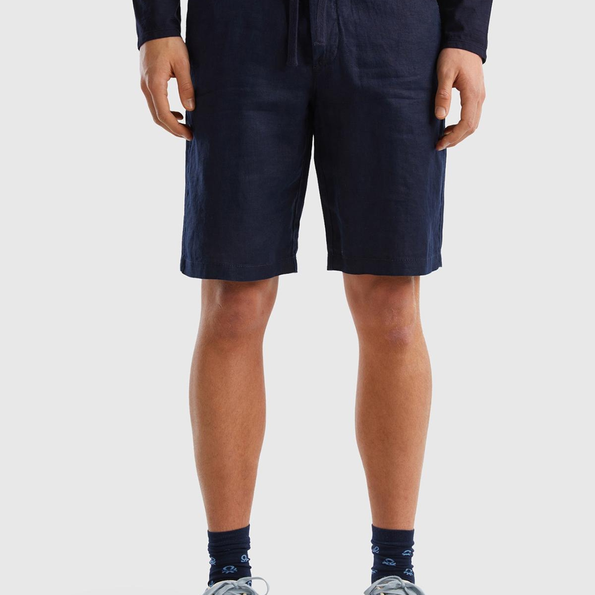 Erkek Koyu Lacivert Bağcıklı Keten Bermuda