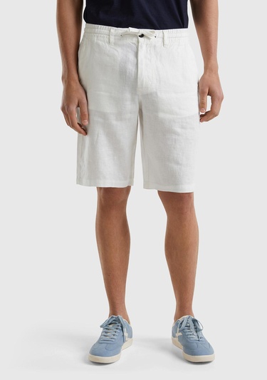  Erkek Krem Bağcıklı Keten Bermuda