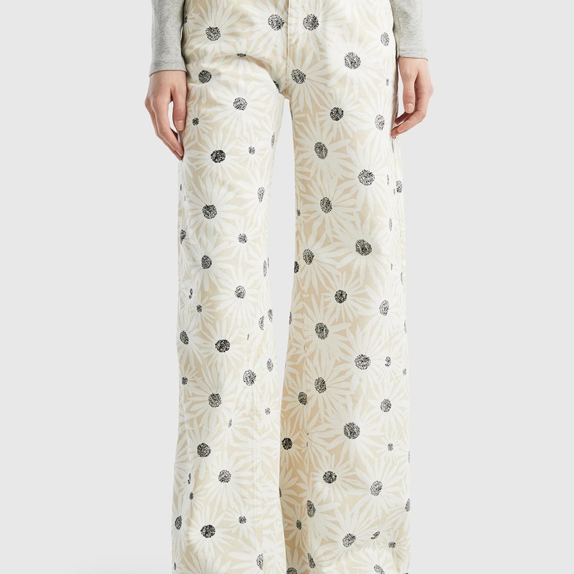 Kadın Krem %100 Pamuk Tamamı Desenli Yüksek Bel Geniş Paça Pantolon