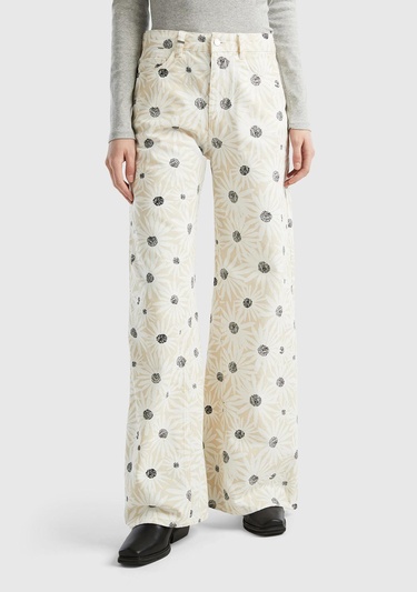  Kadın Krem %100 Pamuk Tamamı Desenli Yüksek Bel Geniş Paça Pantolon