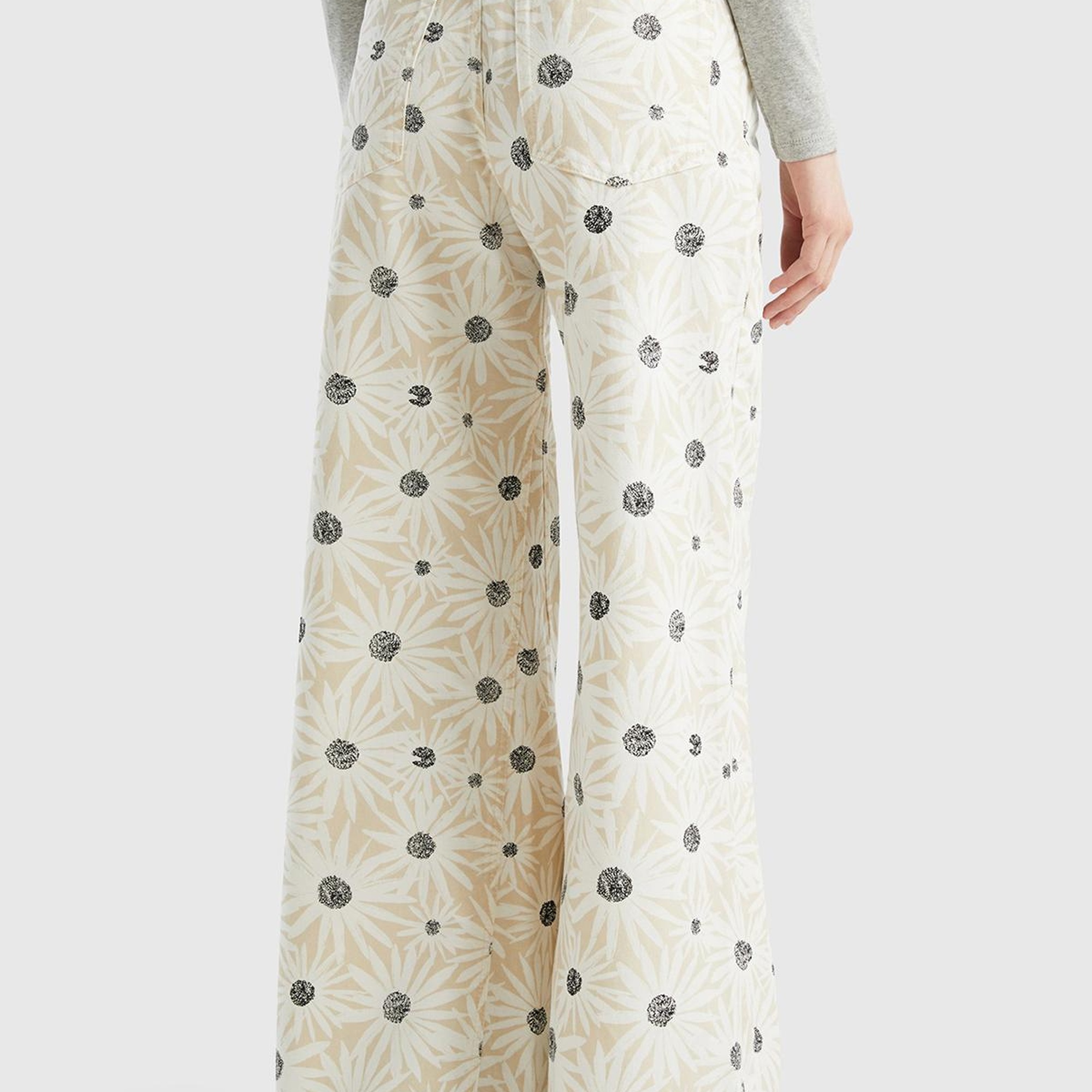 Kadın Krem %100 Pamuk Tamamı Desenli Yüksek Bel Geniş Paça Pantolon