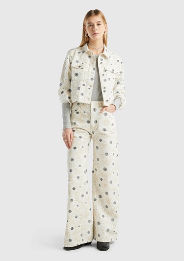  Kadın Krem %100 Pamuk Tamamı Desenli Yüksek Bel Geniş Paça Pantolon