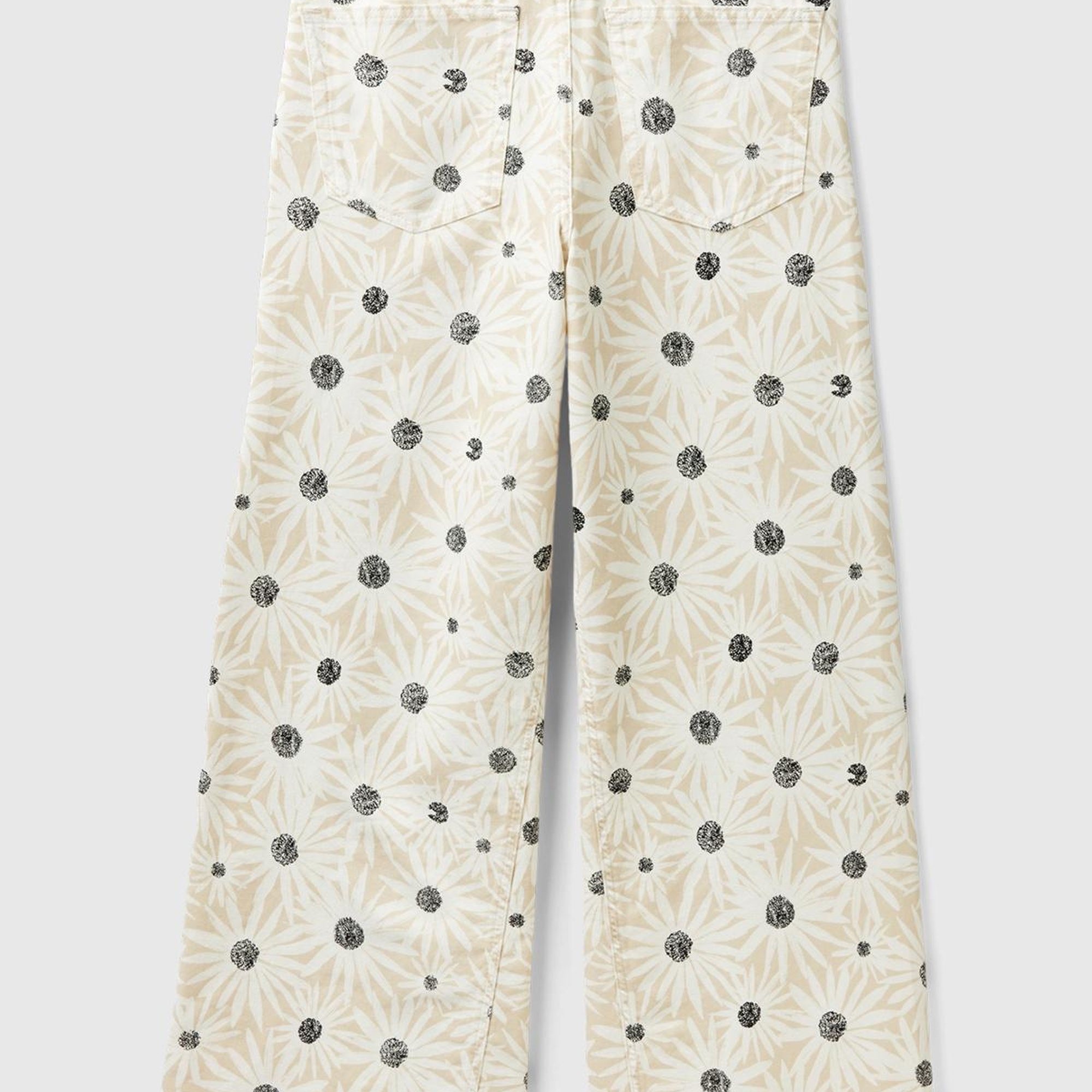 Kadın Krem %100 Pamuk Tamamı Desenli Yüksek Bel Geniş Paça Pantolon